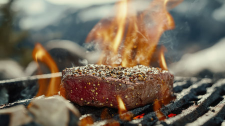 A close-up of seasoned beef steak on a grill, flames licking the edges, with a blurred wilderness in the background.の素材