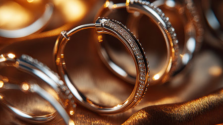 A collection of gold and silver hoop earrings for piercings displayed on a velvet background with soft lighting.の素材