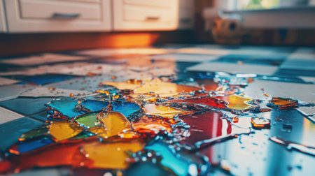 A colorful juice spill surrounding broken glass on a kitchen floor, creating a messy, vibrant scene.の素材