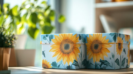 A pair of blue and white gift boxes decorated with yellow sunflowers, sitting in a bright, airy room.の素材