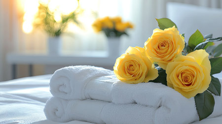 A simple but chic hotel room with folded towels and yellow roses creating a welcoming feel.の素材