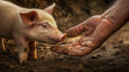 A piglet curiously sniffing a farmer's hand, showcasing the bond between humans and animals.の素材
