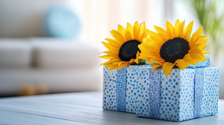 A pair of blue and white gift boxes decorated with yellow sunflowers, sitting in a bright, airy room.の素材