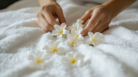 A pair of hands placing fragrant jasmine flowers on a fluffy white towel on a boutique hotel bed.の素材