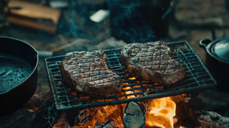A pair of beef steaks grilling on a campfire grate, surrounded by cast iron pans and other camping essentials.の素材