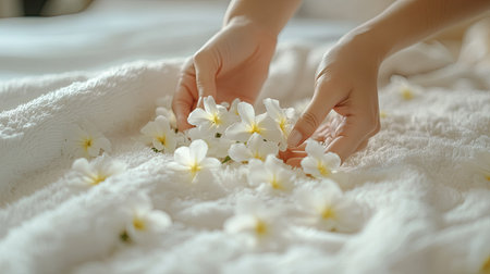 A pair of hands placing fragrant jasmine flowers on a fluffy white towel on a boutique hotel bed.の素材