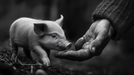 A piglet curiously sniffing a farmer's hand, showcasing the bond between humans and animals.の素材