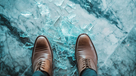 A pair of shoes stepping cautiously around broken glass pieces on a shiny marble surface.の素材