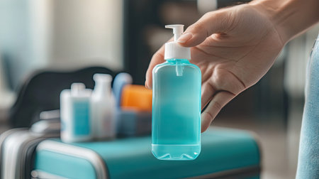 A person holding a travel-size bottle of mouthwash with a suitcase and toiletries in the background.の素材