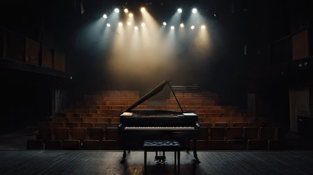 A moody shot of a piano covered by stage lights with empty wooden seats fading into darkness.の素材