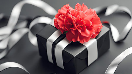 A modern monochromatic gift box styled with black-and-white ribbons and a single vibrant red carnation.の素材