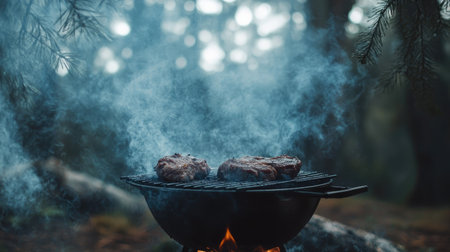 A moody shot of beef steak grilling over charcoal, with smoke swirling under a canopy of pine trees.の素材