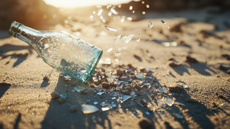 A scenic outdoor shot of a broken glass bottle on a sandy floor, with fragments catching sunlight.の素材