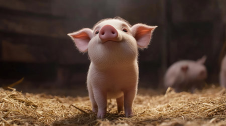 A piglet standing on a hay-covered floor, curiously sniffing the air with its tiny snout.の素材