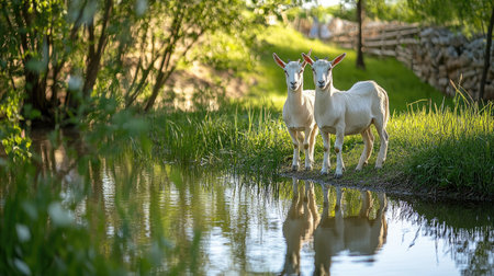 A pair of goats standing by a small farm pond, their reflections visible in the water.の素材