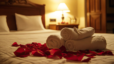 A romantic getaway room featuring towels folded into doves and scattered rose petals on the bed.の素材