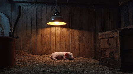 A newborn piglet lying close to its siblings under a heat lamp in a barn.の素材