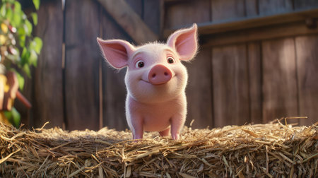 A piglet standing tall on a bale of straw, looking out over its pen with an inquisitive expression.の素材