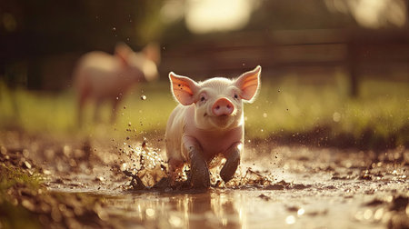 A playful piglet splashing around in a small mud puddle on a sunny farm day.の素材