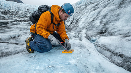A researcher analyzing the cracks on a large glacier with measuring equipment in hand.の素材