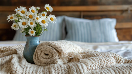 A rustic bedroom scene with handwoven towels and a small vase of fresh daisies on the bed.の素材