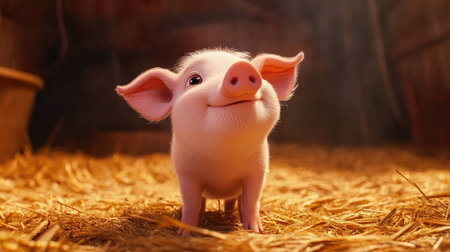 A piglet standing on a hay-covered floor, curiously sniffing the air with its tiny snout.の素材