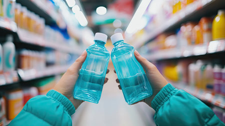 A person holding two bottles of mouthwash, comparing sizes and features in a brightly lit store.の素材