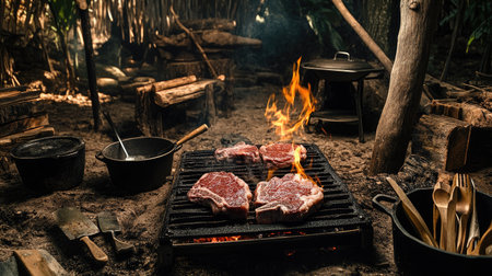 A rustic camp kitchen setup with beef steaks cooking over an open flame, surrounded by cast iron pots and utensils.の素材