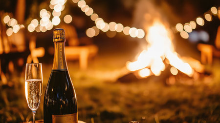 A rustic outdoor celebration as champagne is uncorked near a bonfire under starry skies.の素材