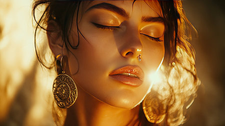 A woman showcasing a statement septum ring with intricate gold details, against a softly lit background.の素材