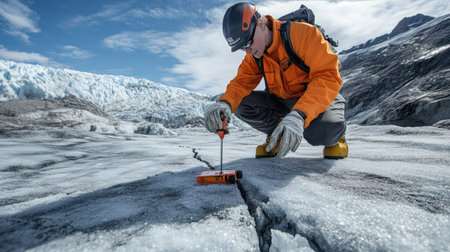 A researcher analyzing the cracks on a large glacier with measuring equipment in hand.の素材