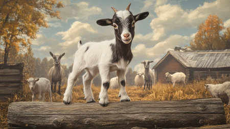 A playful baby goat standing on a wooden log, with other goats and a rustic farm backdrop.の素材