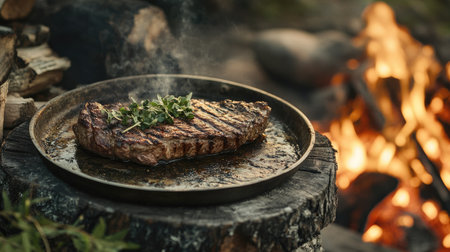 A rustic table near a campfire featuring a freshly grilled steak, garnished with herbs and served on a metal plate.の素材