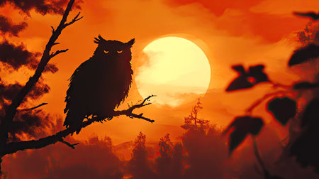 A silhouette of a large owl sitting on a branch at dusk, with a fiery orange sunset behind it.の素材