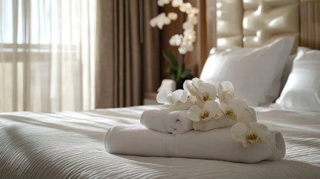 A serene resort room with orchid flowers and perfectly folded towels placed in the center of the bed.の素材