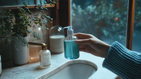A person holding a capful of mouthwash next to its bottle, ready for use in a fresh and clean bathroom.の素材