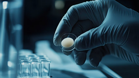 A scientist's gloved hand holding a glass slide with a small cream spot, set against a sterile lab environment.の素材