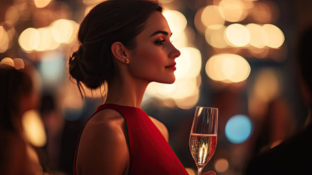 A side profile of a woman in a sleek red sheath dress, holding a glass of champagne at a sophisticated party.の素材
