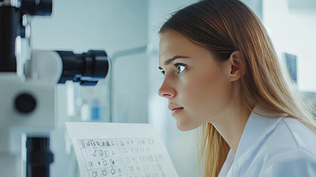 A woman reading an eye chart in a well-lit clinic, focusing on the smaller letters near the bottom.の素材