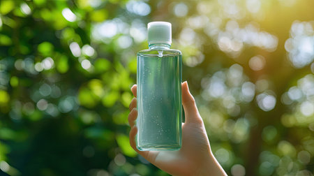 A sleek bottle of clear mouthwash held against a bright green outdoor background, showcasing freshness.の素材