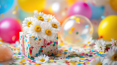 A birthday gift box with colorful wrapping paper, topped with fresh daisies, and surrounded by balloons and confetti.の素材