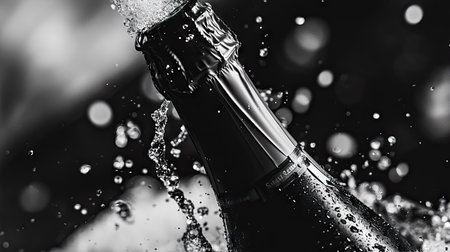 A black-and-white minimalist photo of a champagne bottle being uncorked, emphasizing the foam and cork.の素材