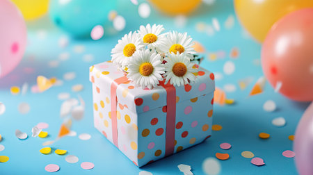 A birthday gift box with colorful wrapping paper, topped with fresh daisies, and surrounded by balloons and confetti.の素材