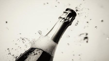 A black-and-white minimalist photo of a champagne bottle being uncorked, emphasizing the foam and cork.の素材