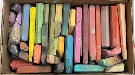 A box of neatly arranged chalk pastels with a few sticks showing signs of use.の素材