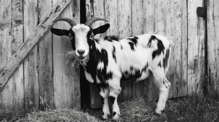 A black-and-white spotted goat chewing on a piece of hay, standing in front of a weathered wooden barn door.の素材