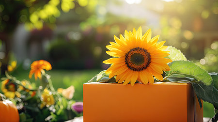 A bright orange gift box with a sunflower centerpiece, set against a sunny garden scene.の素材