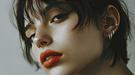A bold lip piercing with a silver ring, paired with matching ear piercings in a streetwear aesthetic.の素材