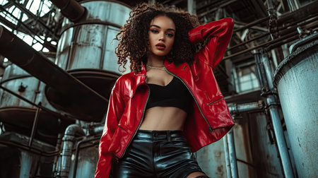A bold look featuring a woman in a red cropped jacket and leather pants, posing in an industrial setting.の素材
