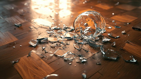 A broken glass tumbler on a parquet floor, with water droplets reflecting light around the shards.の素材